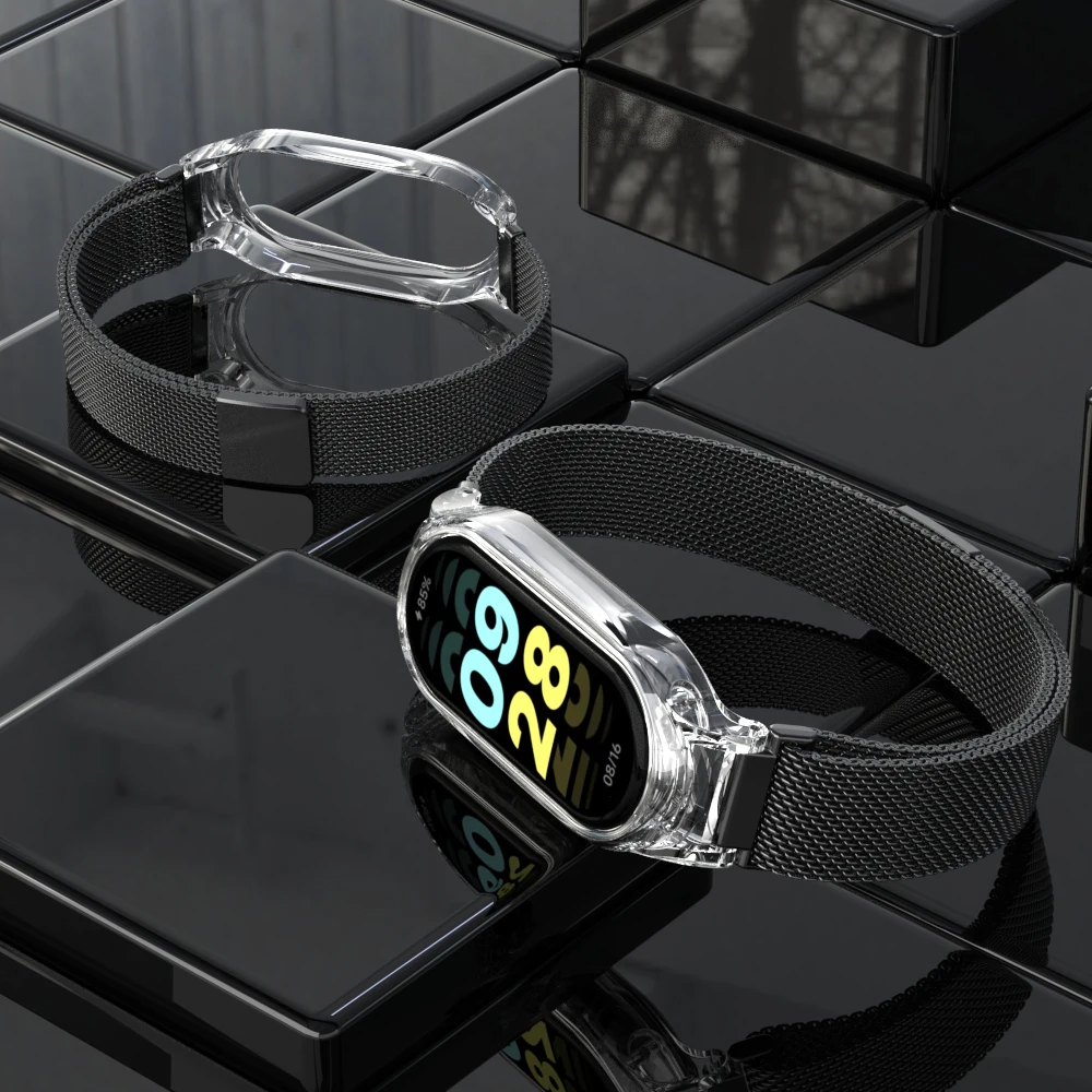 Suitable for Xiaomi band 345678 generation Milan magnetic + transparent plastic protective case strap miband 8/7/6/5/4/3 strap
