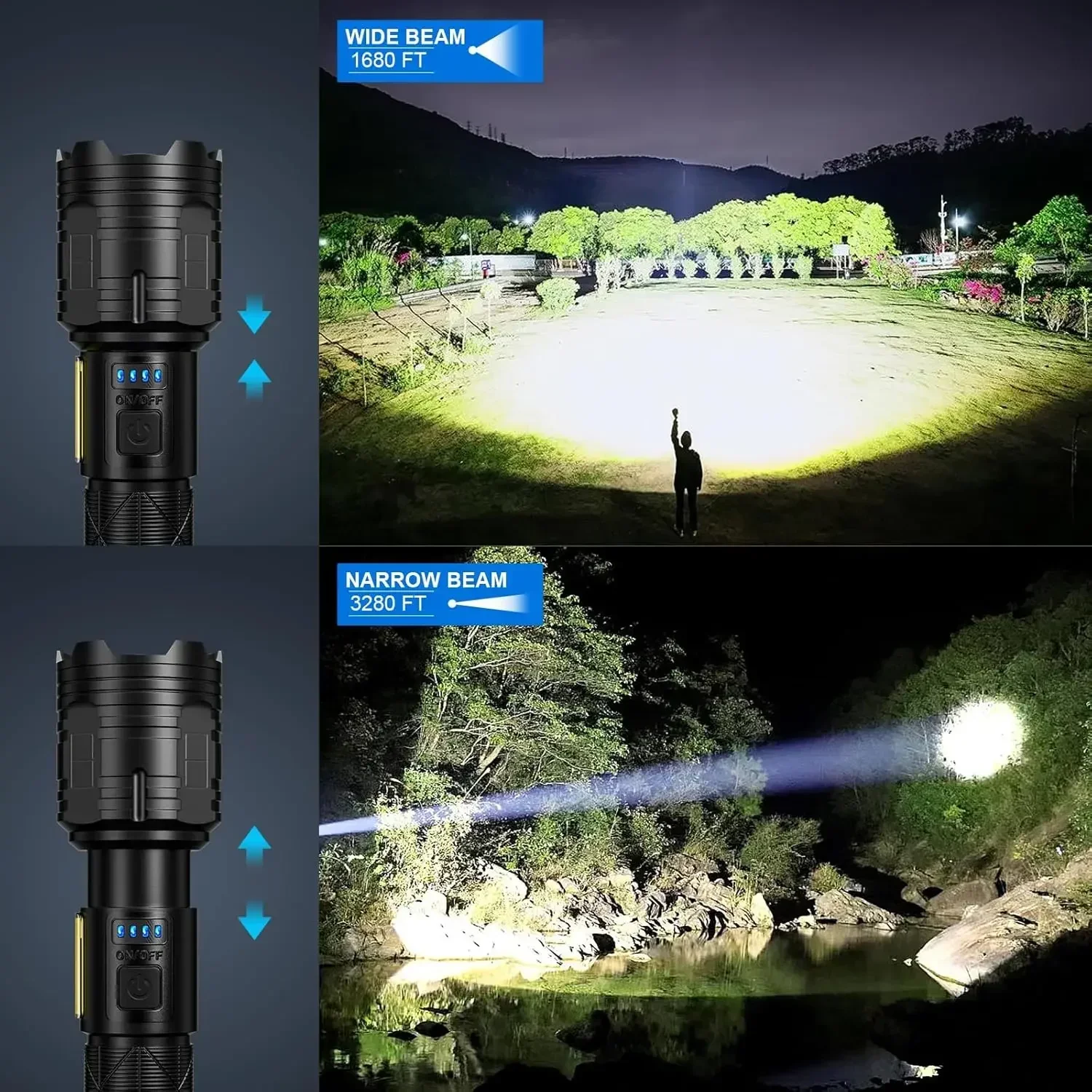 990000 LM مصابيح كاشفة قابلة لإعادة الشحن عالية الطاقة مصباح LED فائق السطوع 7 وضع قوي ضوء فلاش قوة البنك للتخييم المنزلي