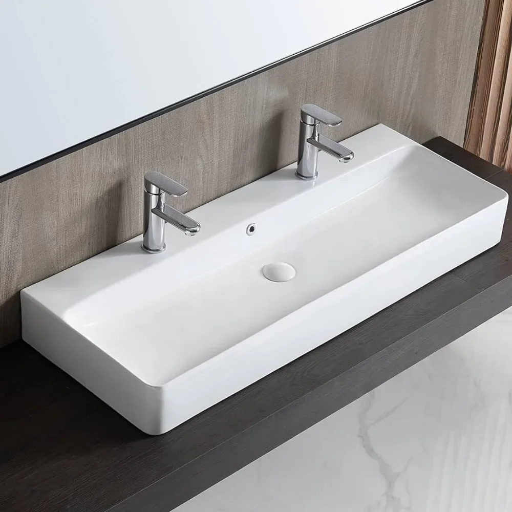 Washbasin Bathroom Sinks Countertop & Wall Mount Modern Porcelain Vanity Floating Sink Art Basin Trough With Overflow Washbasins