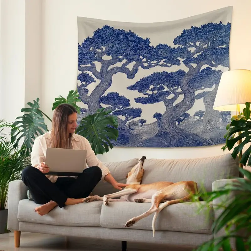 VIKAMA Blue Porcelain Pine Tree Wall Tapestry White Background Japanese Ink Art Branch Forest Minimalist Oriental Zen Decor Soft
