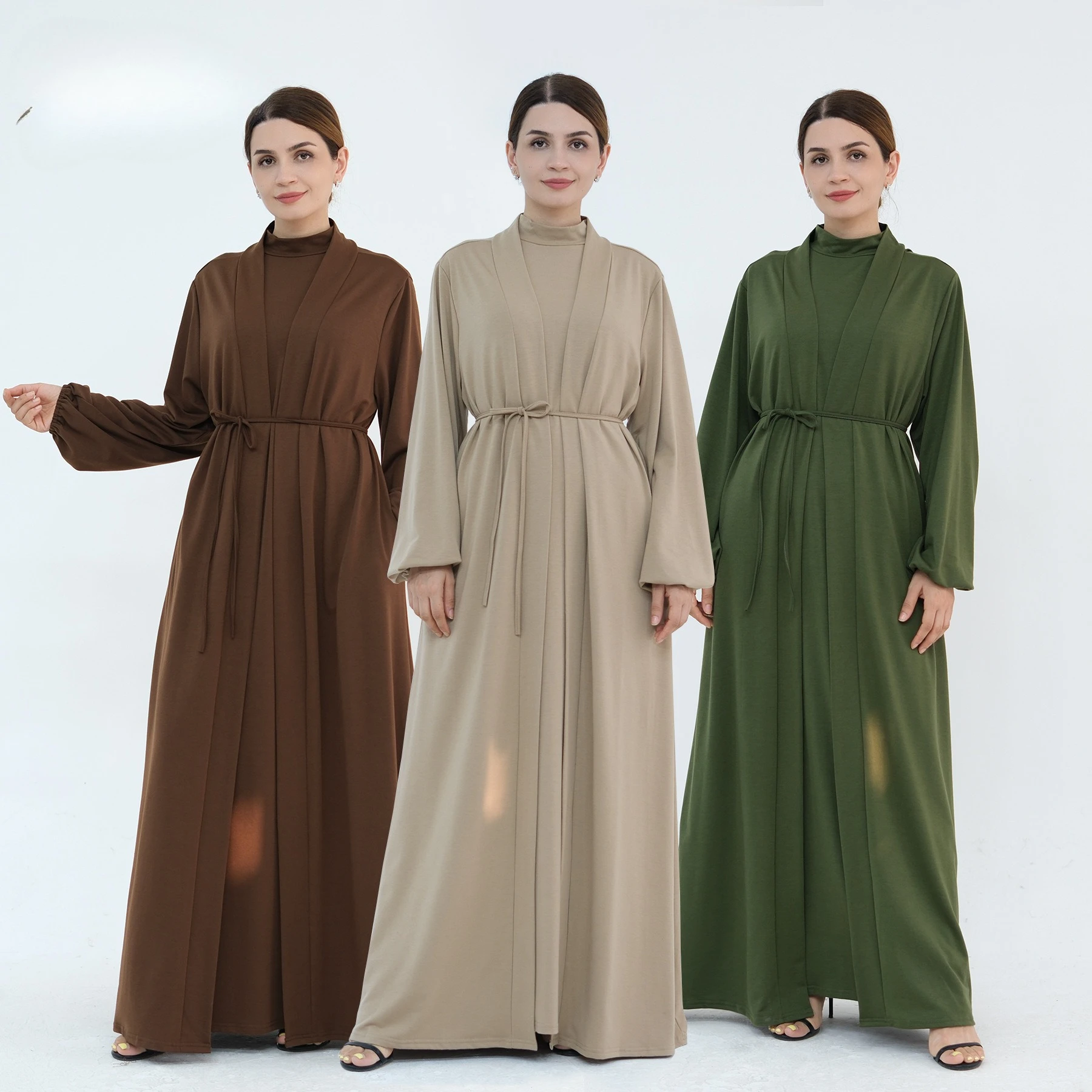 

Fashion Muslim Sets Islamic Clothing Two Piece Abaya Set Solid Color Crew Neck Modest Cardigan Inner Dress 2 Piece Abaya Set