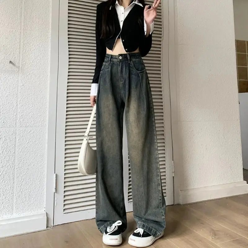 

Cement Grey Nine Cent Wide Leg Jeans Women's Summer High Waist Loose Look Thin Summer Short Light Color Straight Pants