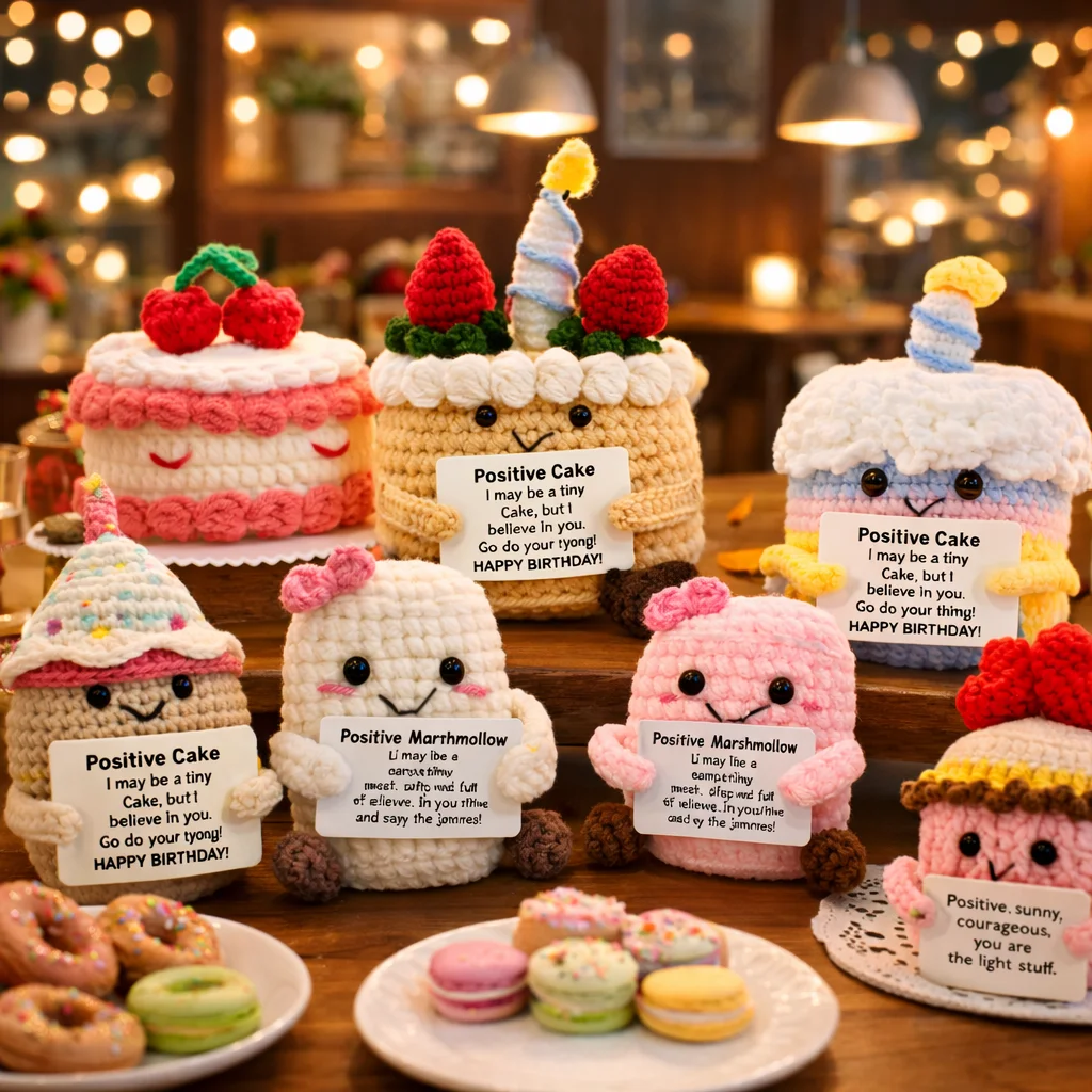 FoodSeries Positive Energy Cake&Desserts Crochet Doll Handmade Knitted Decor Ornament Encouragement Card Mini Desk Decor Gift