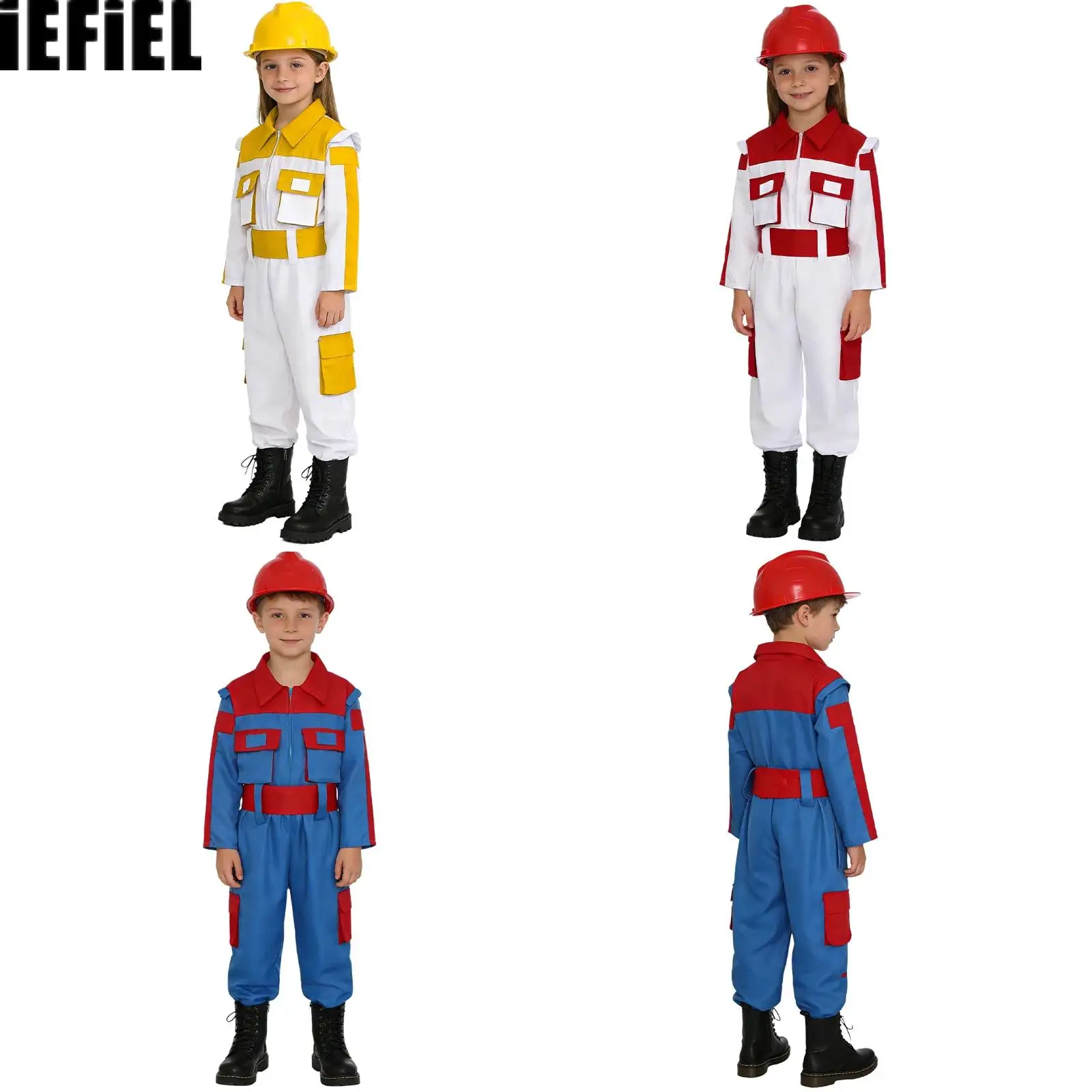

Kids Boys Girls Construction Worker Set Long Sleeve Zip Up Top with Elastic Waistband Pants Helmet And Gloves Engineers Set