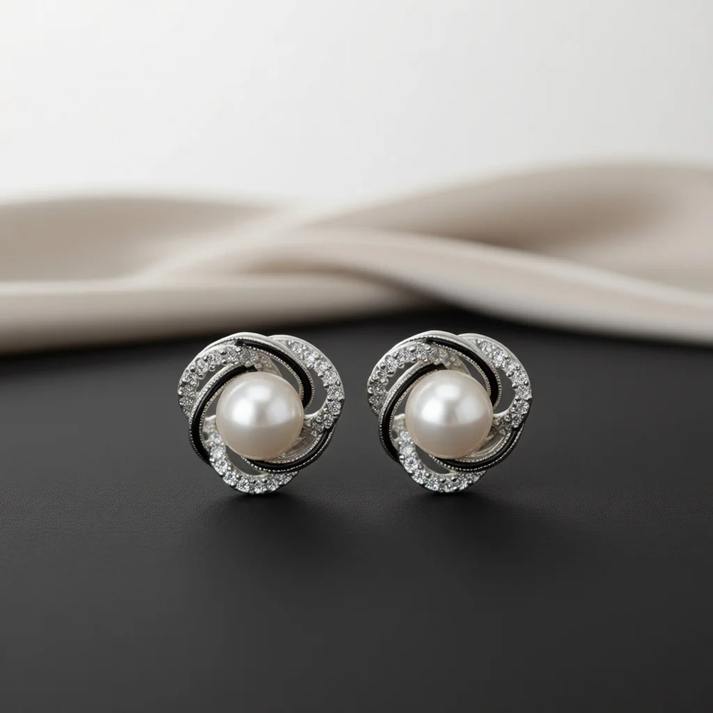 Delicate Silver Copper Stud Earrings, Twisted Pearl Zircon Design, Enamel Detail, Jewelry for Daily Wear, Shopping & Dinner