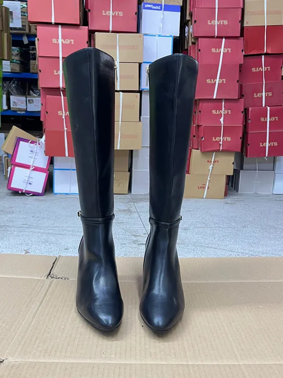 おしゃれなラウンドトゥハイヒールブーツ、ピュアカラーベルトバックルサイドジッパーロングブーツ、レディース秋冬puレザー