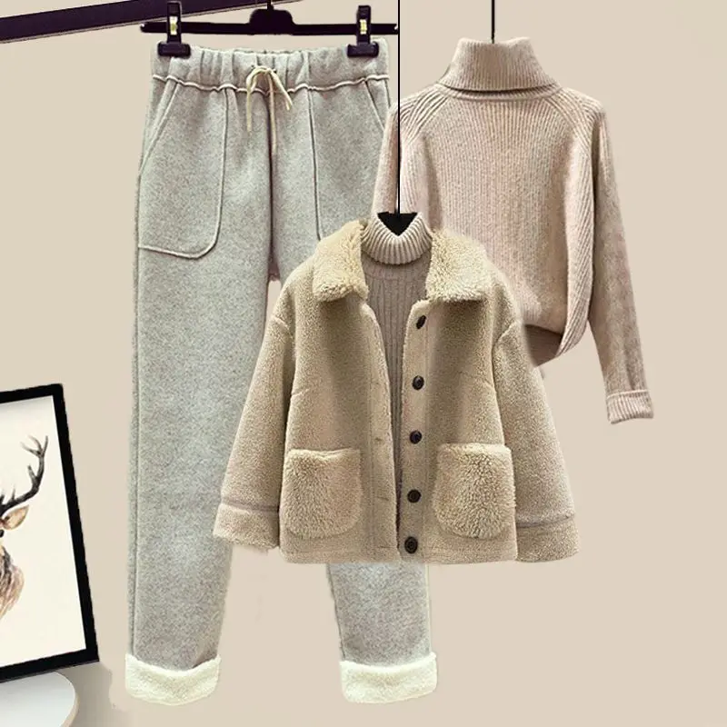 2023 Winter Lamb Plush Fur Integrated Pellet Fleece Coat Sweater Casual Pants Three Piece Elegant Women\'s Pants Set