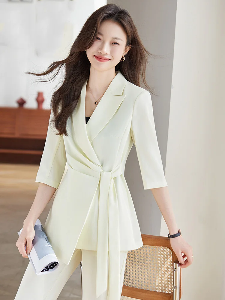 Costumes d'été jaune clair pour femmes, nouveau style de tempérament, blazer et pantalon slim professionnel, ensembles de 2 pièces, vêtements de travail de bureau pour dames