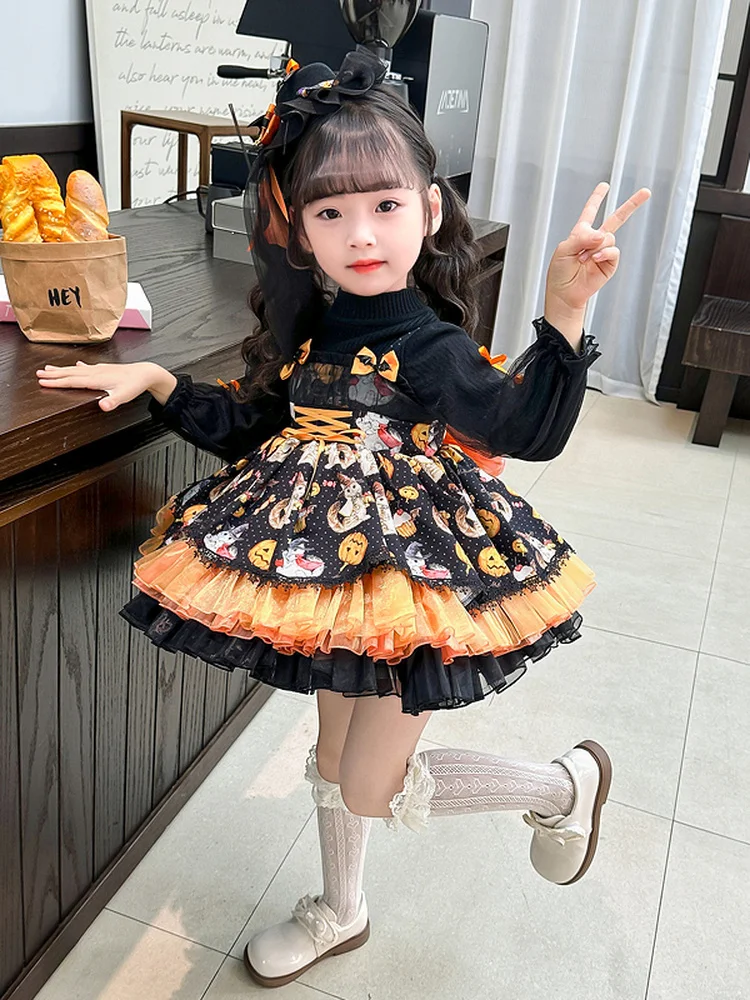 ชุดเด็กผู้หญิงสำหรับเทศกาลฮาโลวีน ชุดเจ้าหญิงตลกๆ สำหรับเด็กผู้หญิง ฤดูใบไม้ร่วง ฤดูหนาว ชุดโลลิต้า ชุดแม่มดฟักทอง ชุดเด็กผู้หญิง