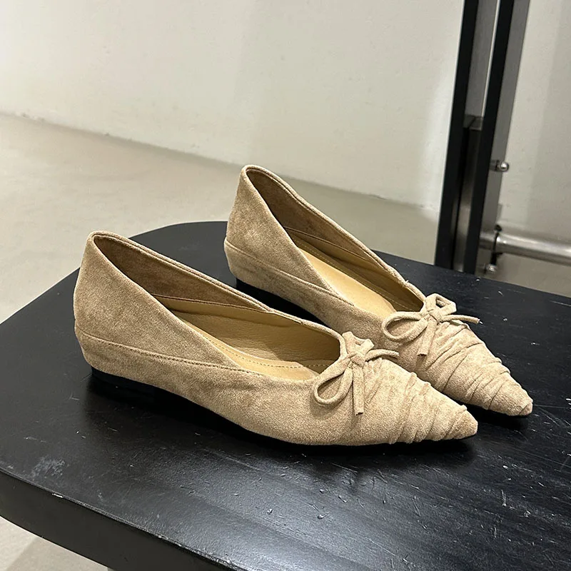 

2025 модные женские туфли без шнуровки из флока на плоской подошве, женская обувь на плоской подошве с узлом-бабочкой, увеличивающая рост, женская обувь на плоской подошве с острым носком