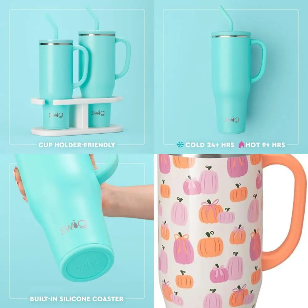 

Huge 40oz Travel Mug with Handle & Straw, Insulated, Car Cup Holder Compatible, Festive Pumpkin & Bow Design