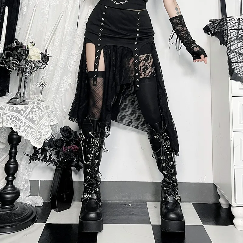Gothic Diablo Grunge Irregular Lace Half Skirt Y2k New Trendy Peplum Skirts Women Punk Black Skirt Streetwear Vintage Clothes