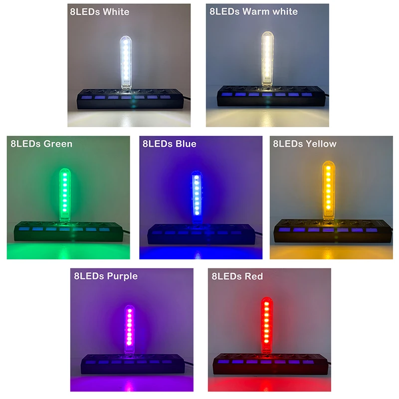LED USB Night Light com Plug UE e EUA, Lâmpada Colorida, Disco U, Vermelho, Amarelo, Branco, Azul, Verde, Roxo, Decoração do Quarto, DC5V, 8LEDs