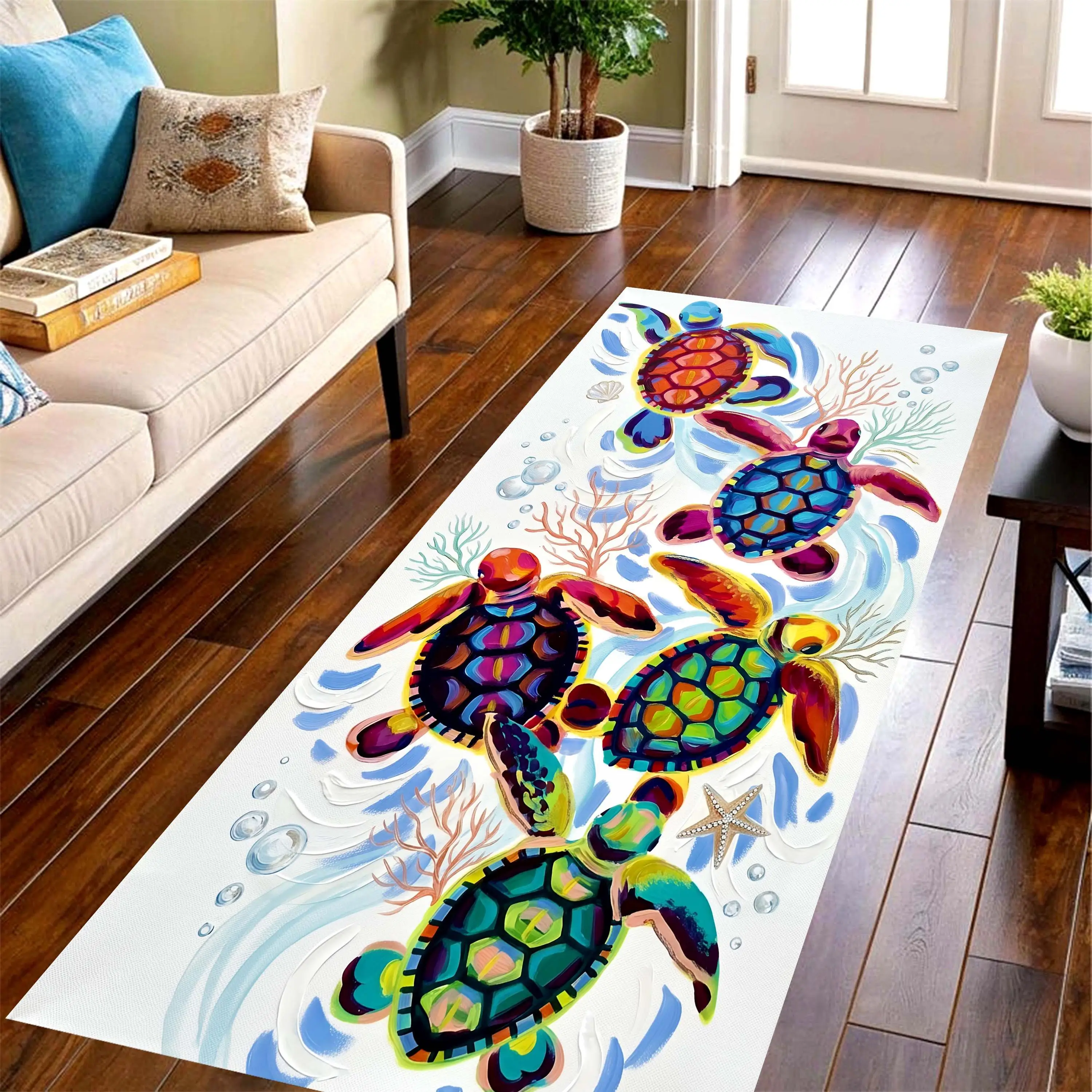 Japanese Color Koi Wave Long Runner Rug,aquatic fish print floor mat,balcony,corridor,laundry room and living room entry decor