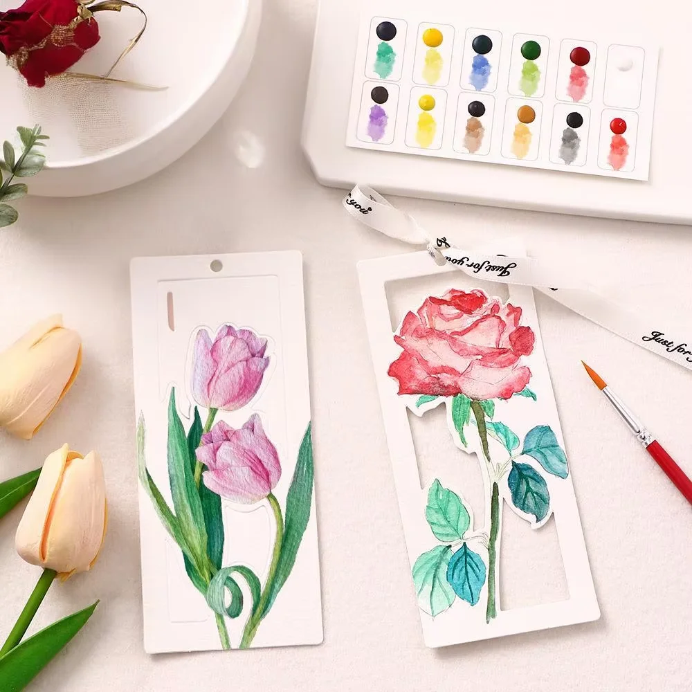

Hollow watercolor bookmark with 12 colors solid pigment exquisite envelope design, 10 sheets for portable handmade bookmark