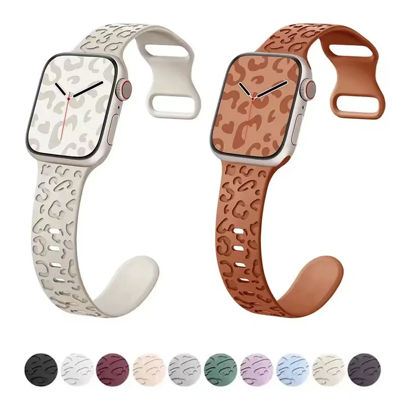 Apple Watch用シリコンヒョウストラップ,刻印ブレスレット,iwatchシリーズ9,8,7,se 3,6,5,4,ウルトラ2,49mm, 45mm, 44mm 42-41mm、40mm