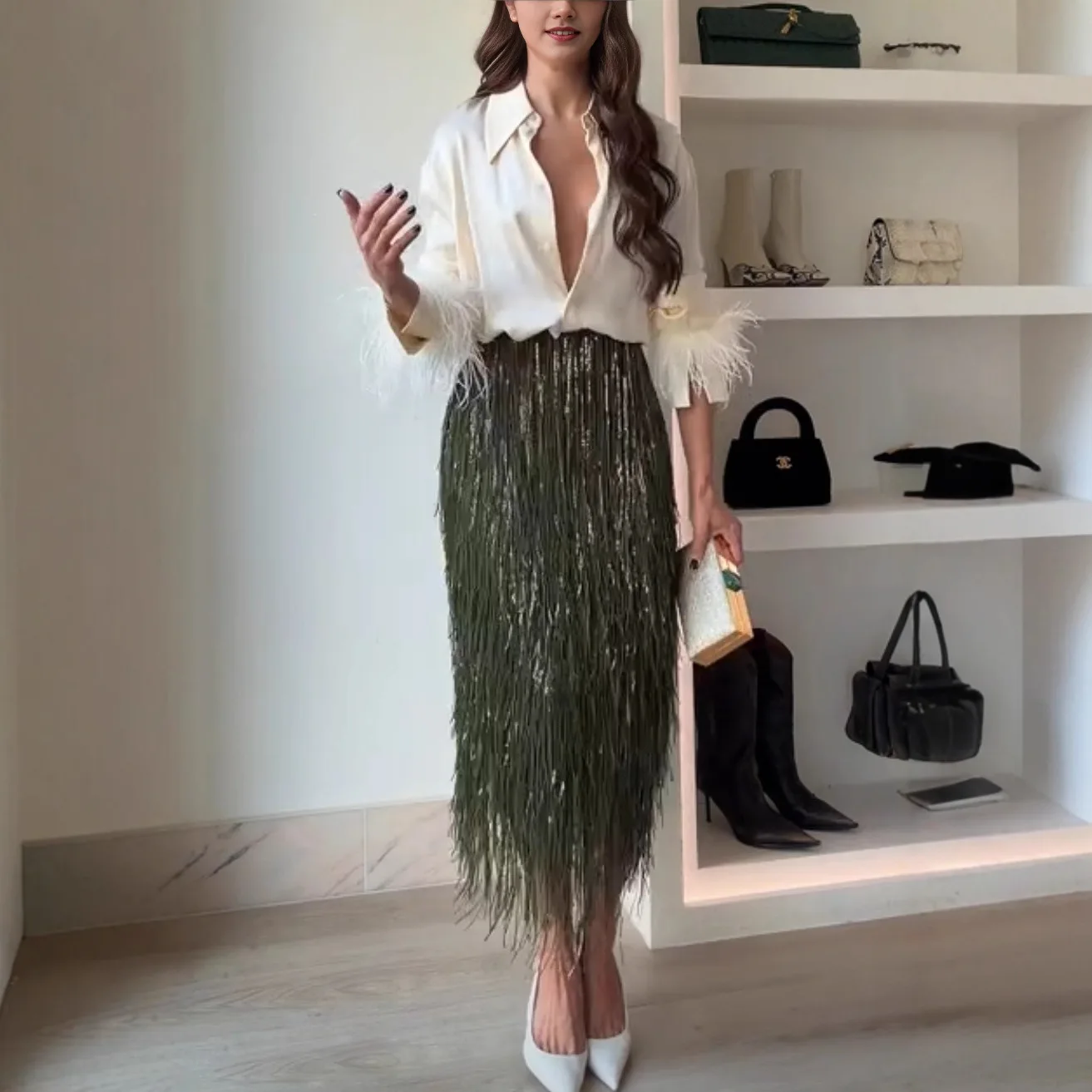 Sequined Tassel Skirt 2026 New Women Fashion Outfit High Waist Slim Fit Long Party Skirt Lady Commuting Club  Banquet  Clothing