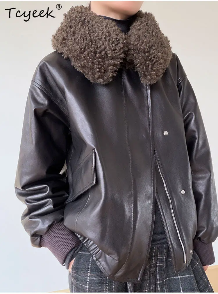 Tcyeek Oil Wax Sheepskin Real Leather Jacket Women Autumn Winter Clothes 90% White Goose Down Womens Coats Warm Wool Fur Collar