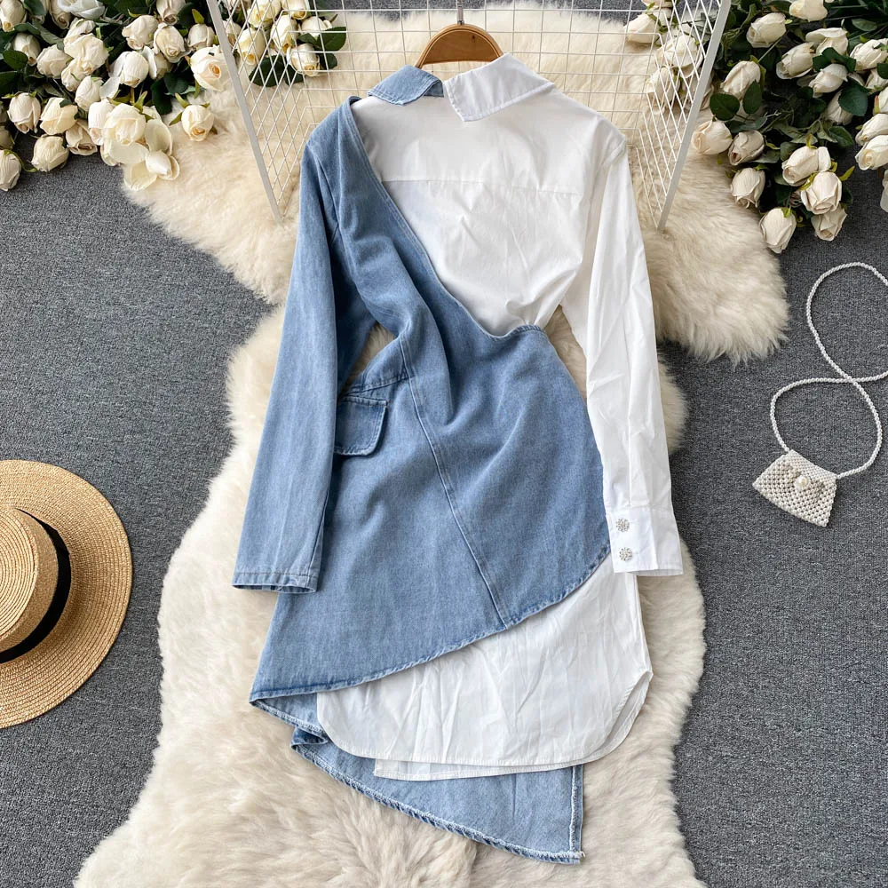 Women's Irregular Splicing Denim Dress Long-sleeved Shirt Patchwork Cowboy Temperamen Design Jeans Shirts Dresses