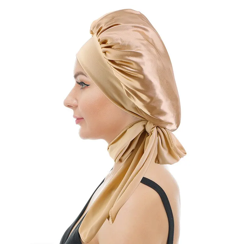 New Large Satin Bonnet Silk Night Sleeping Cap Long With Head Tie Band Edge Wrap For Women Curly Braid Hair