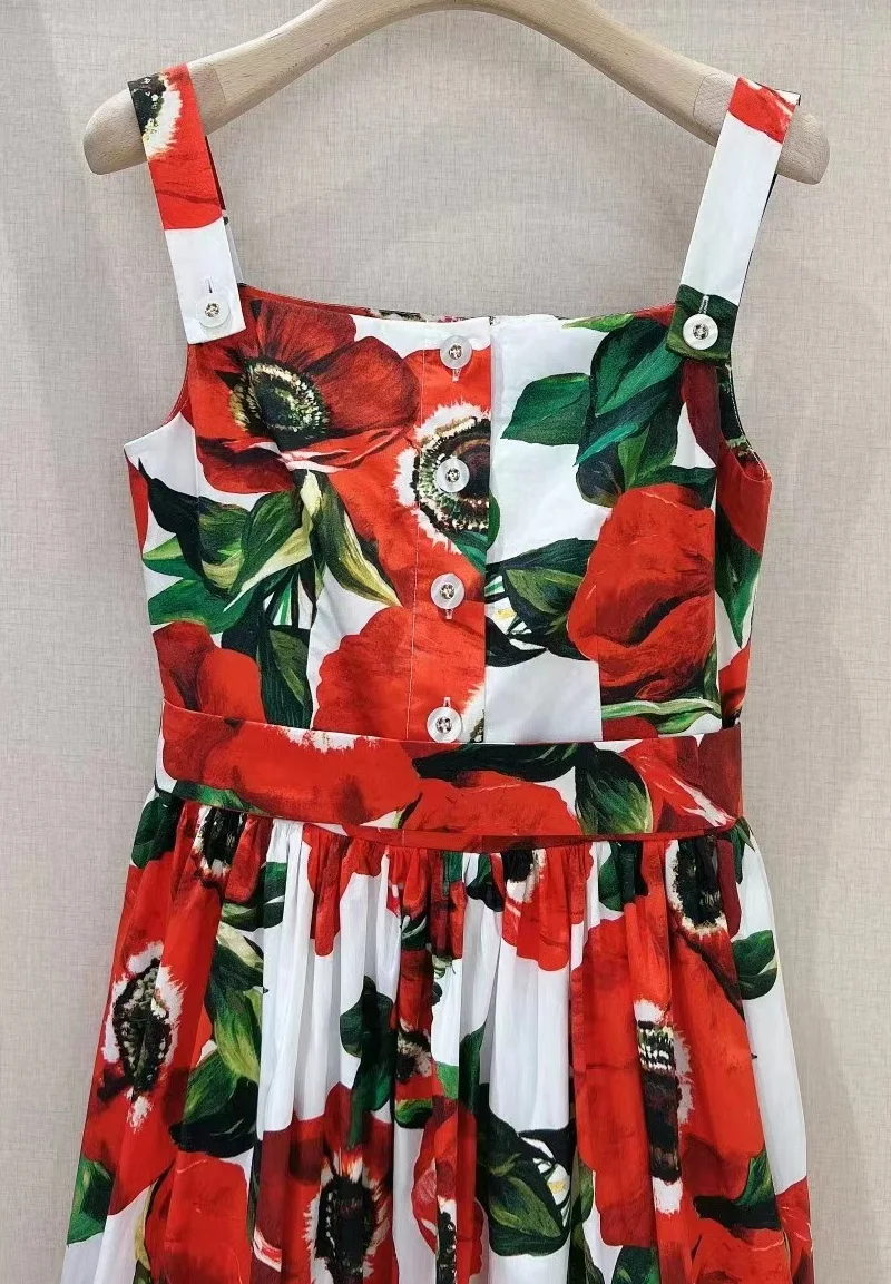 Abito con cinturino nuovo di alta qualità 2024 eventi per feste di moda estiva Lady Red Floral Prints abito da spiaggia Casual senza maniche con bottoni sul davanti