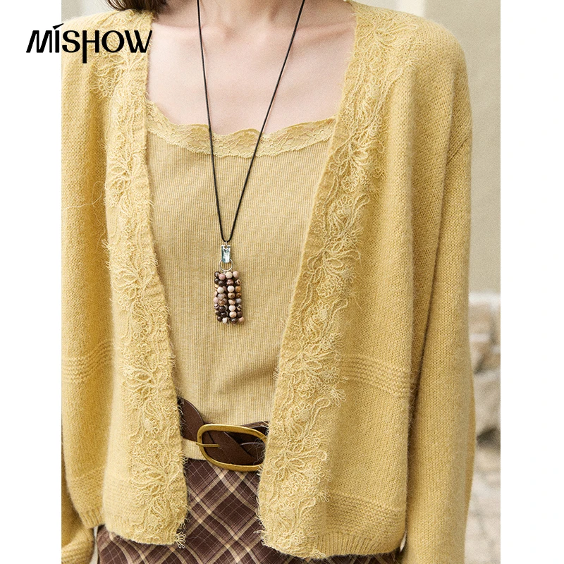MISHOW Women's Knit 2‑Piece Set 2026 Autumn Yellow Lace Trim Cardigan Camisole Tank Top Casual Outerwear Sweater Sets MXF43Z3185