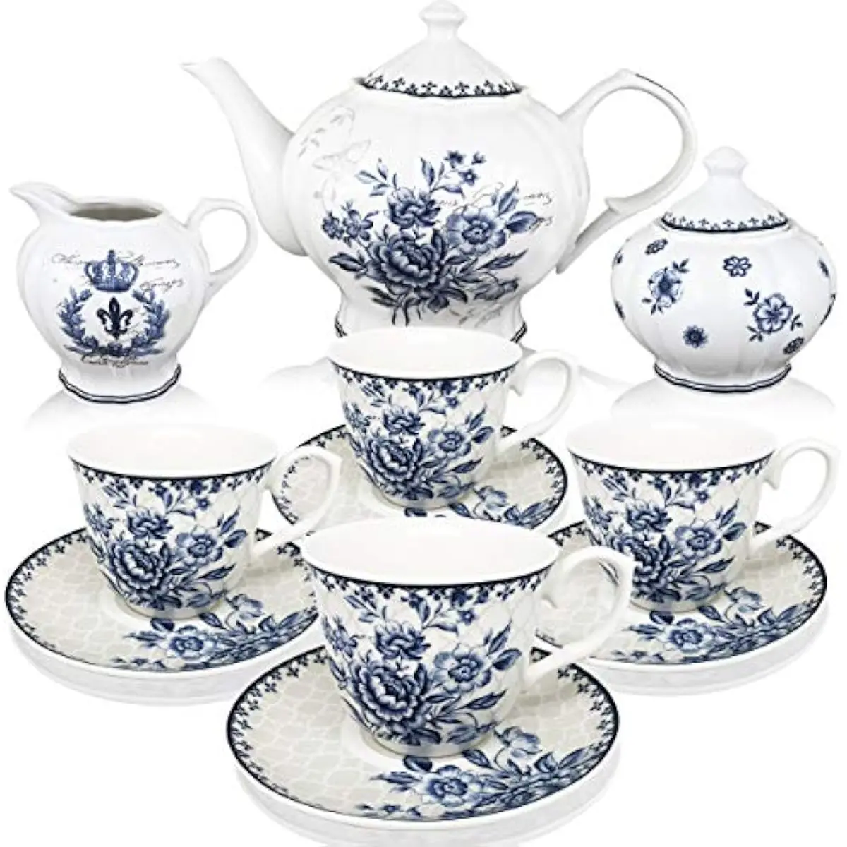 Blue Dream Porcelain Tea Service with 48 oz Teapot, Eight Ounce Cups, Matching Saucers, Sugar Bowl and Creamer, Dishwasher Safe