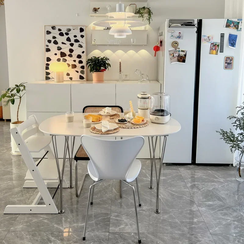 Pure white rock slab dining table, marble solid wood medieval oval small apartment household dining table