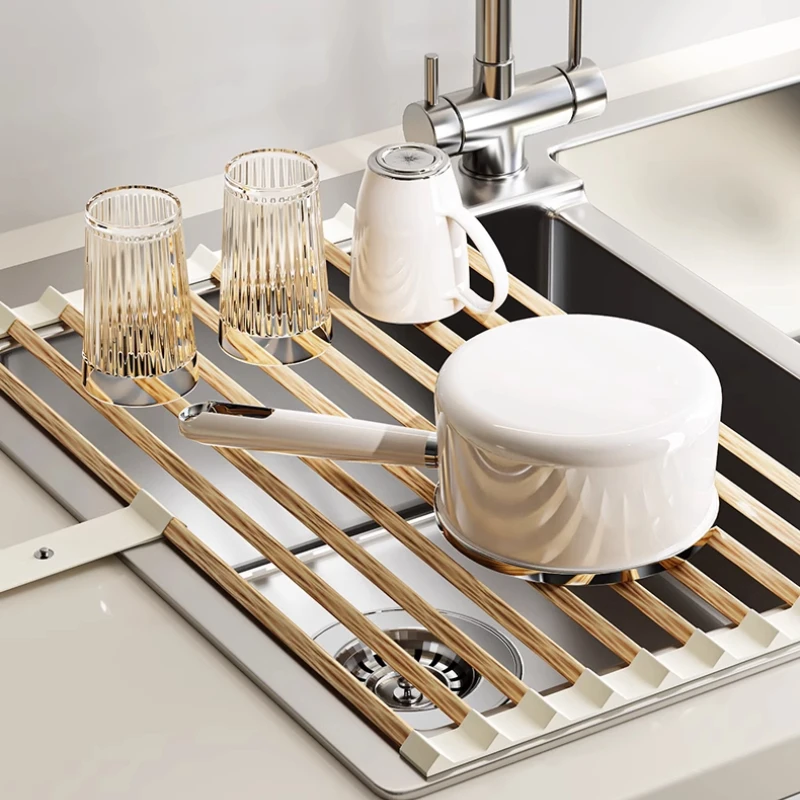 

Rust Proof Sink Drain Rack Dishes Roller Shutter Sink Mat Kitchen Folding Drain Basket Fruit and Vegetable Storage Rack