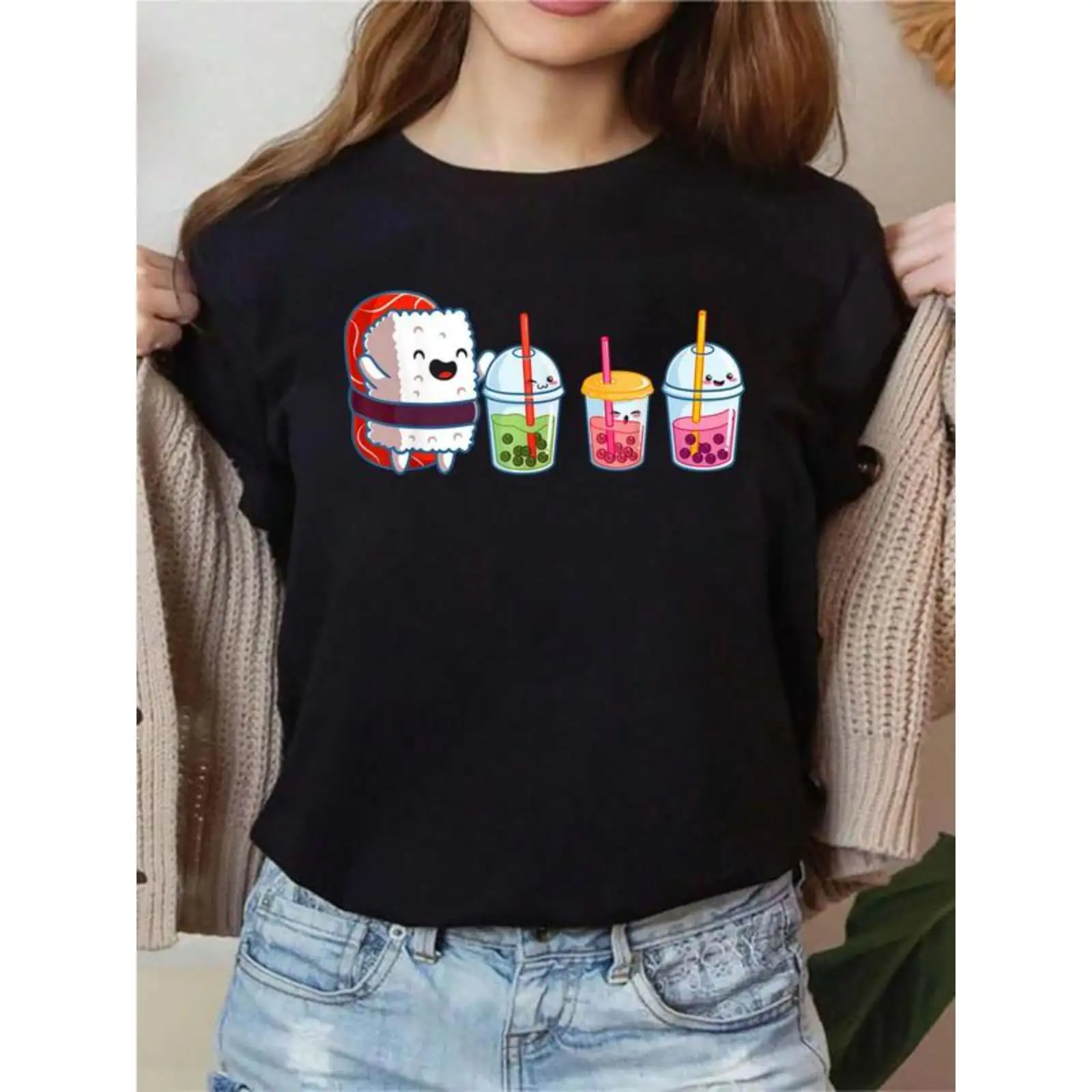 

Cute Sushi T-shirt for Women Men Bubble Tea Graphic Tee Japanese Food Top Casual Wear