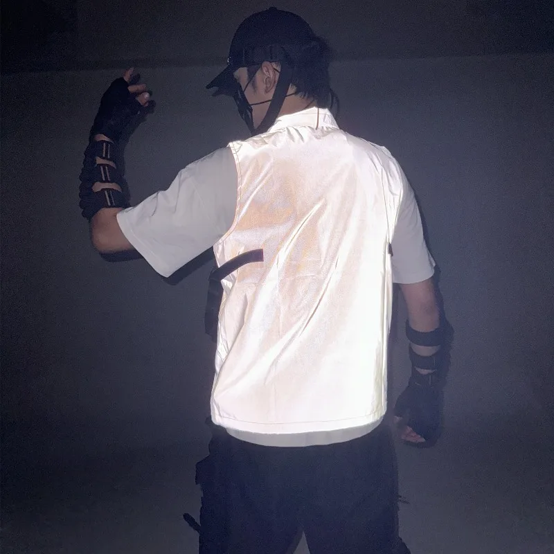 전술 반사 조끼 유틸리티 하네스 후드 아웃도어 워킹 조끼 테크웨어 스포츠 사이클링 레이어링 기어 가시성 슬리브리스