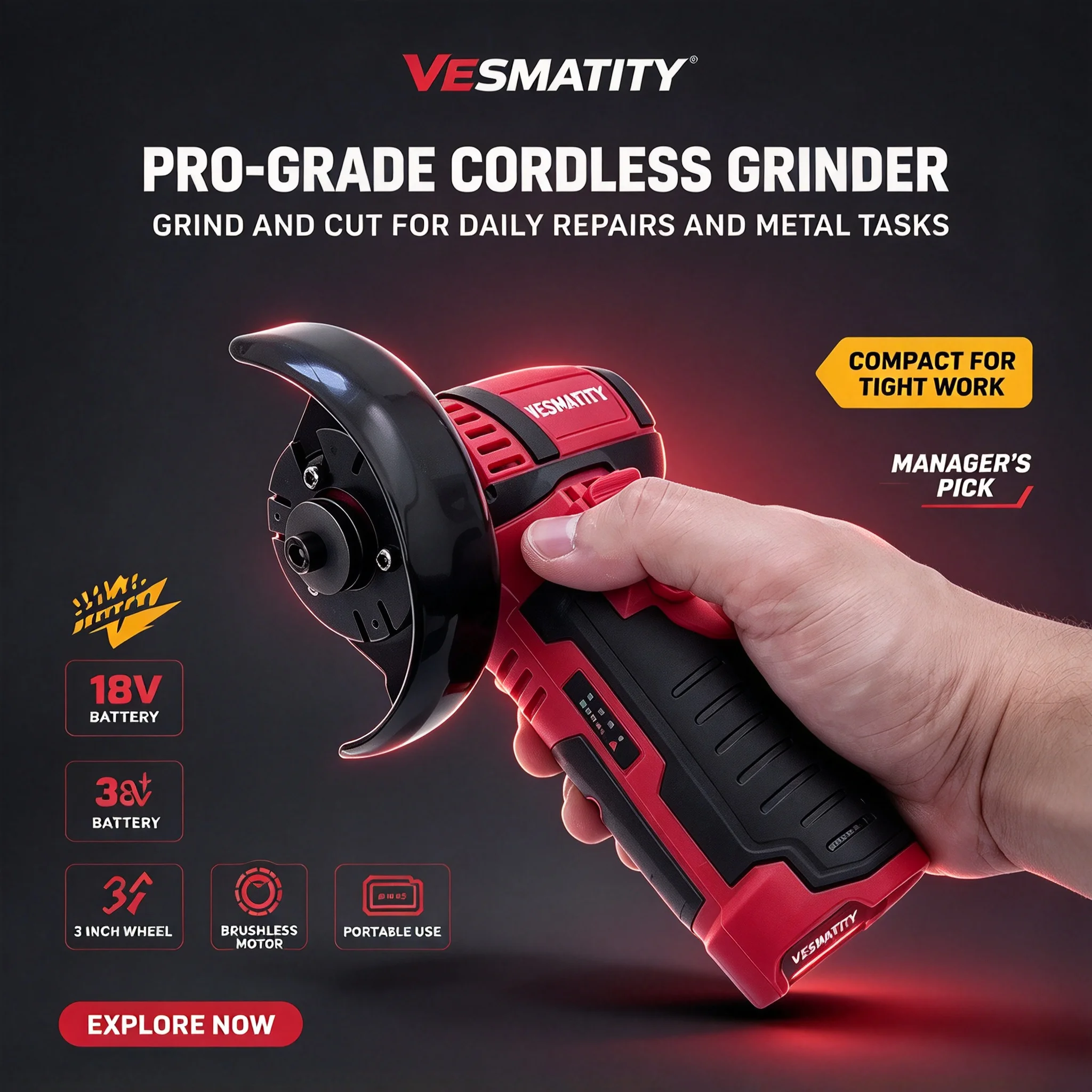 Mini Micro Brushless Electric Angle Grinder Cordless Diamond Cutting Wireless Power Tool Fit Milwaukee Battery 18V Handheld for