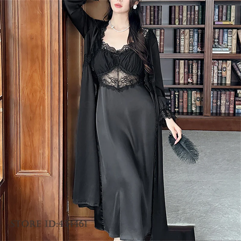 

Женский длинный халат-кимоно, шелковистый атласный халат, костюм из 2 предметов, сексуальная кружевная ночная рубашка на бретельках, одежда для сна, элегантное домашнее платье, одежда для дома