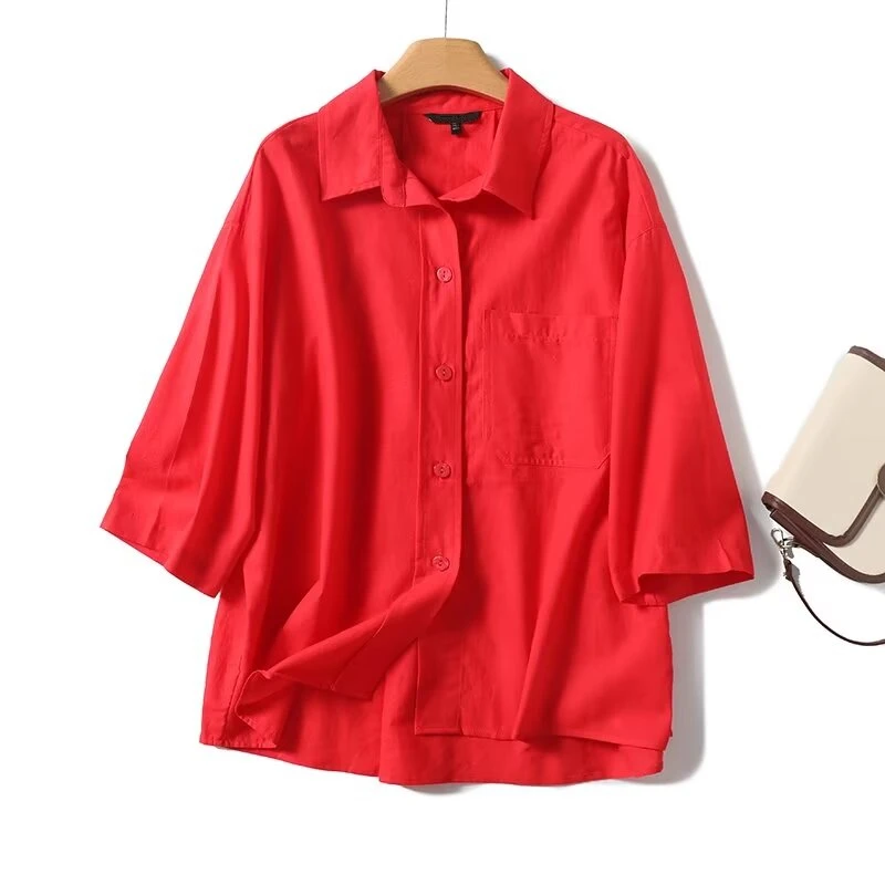 Maxdutti Red Loose Cotton Linen Blend Casual Tops French Minimalist Shirt Women Summer Short Sleeved Shirt