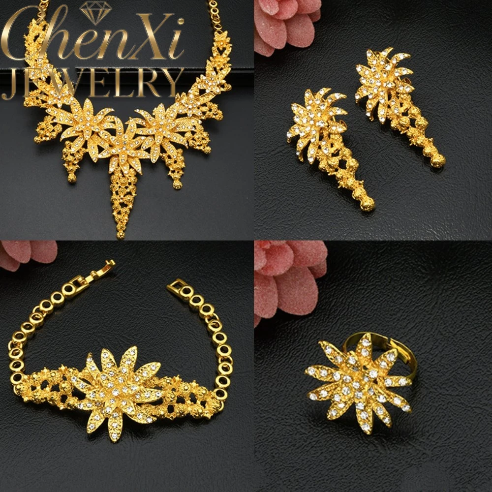 High-End Luxury Alluvial Gold Elegant Fashion Popular Jewelry Set Women Wedding Party Banquet Necklace Earrings Ring 4pcs Gift