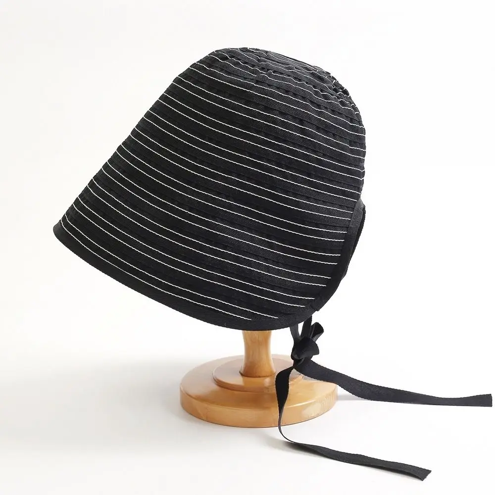 

Portable Ribbon Women Striped Fisherman Hat Wide Brim Solid Color Summer Sun Hat Foldable Cotton Bucket Hat Beach