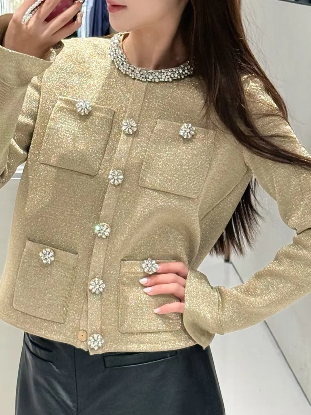 

Gold Embellied round Ne Knitted Open Cardigan Autumn Winter Faionable Versatile Women's Knitwear Long Sve
