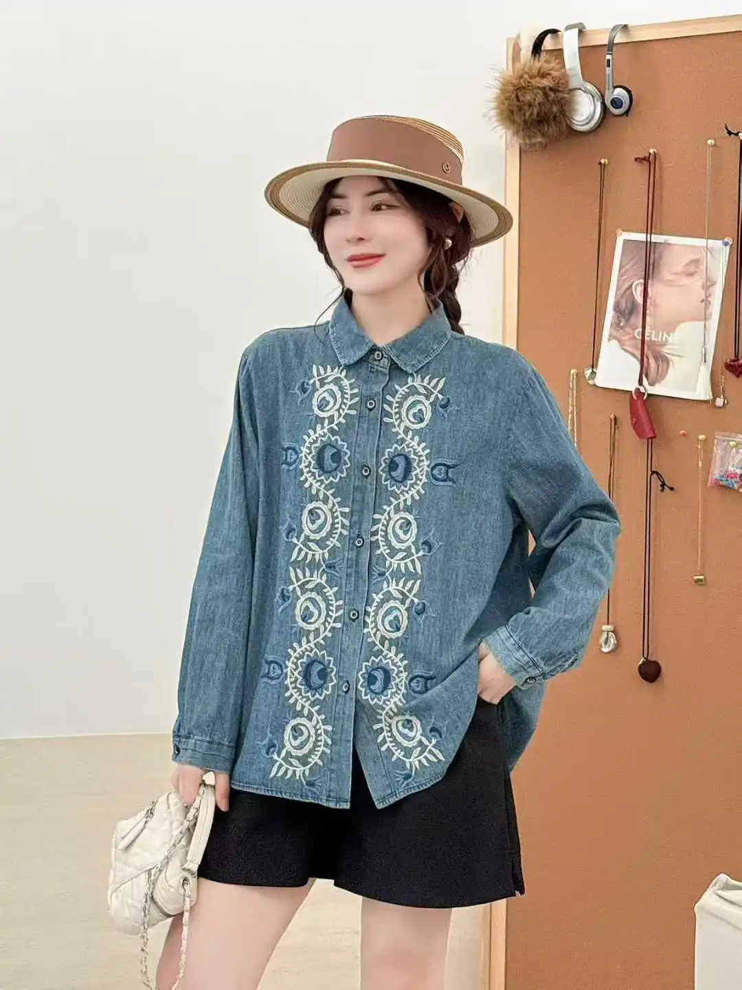 جديد 2025 قميص دينيم شتوي بأكمام طويلة ، تطريز بياقة مقلوبة للنساء ، بلوزة فضفاضة غير رسمية بمزاج فتاة موري T5D224CC #3