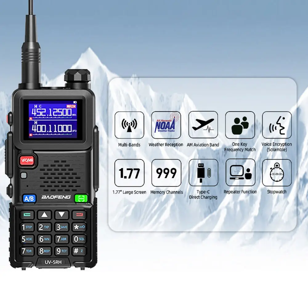 Baofeng UV-5RH Walkie Talkie de cuatro bandas 136-174 220-260MHz 400-480MHz copia inalámbrica búsqueda de frecuencia pronóstico del tiempo Radio FM