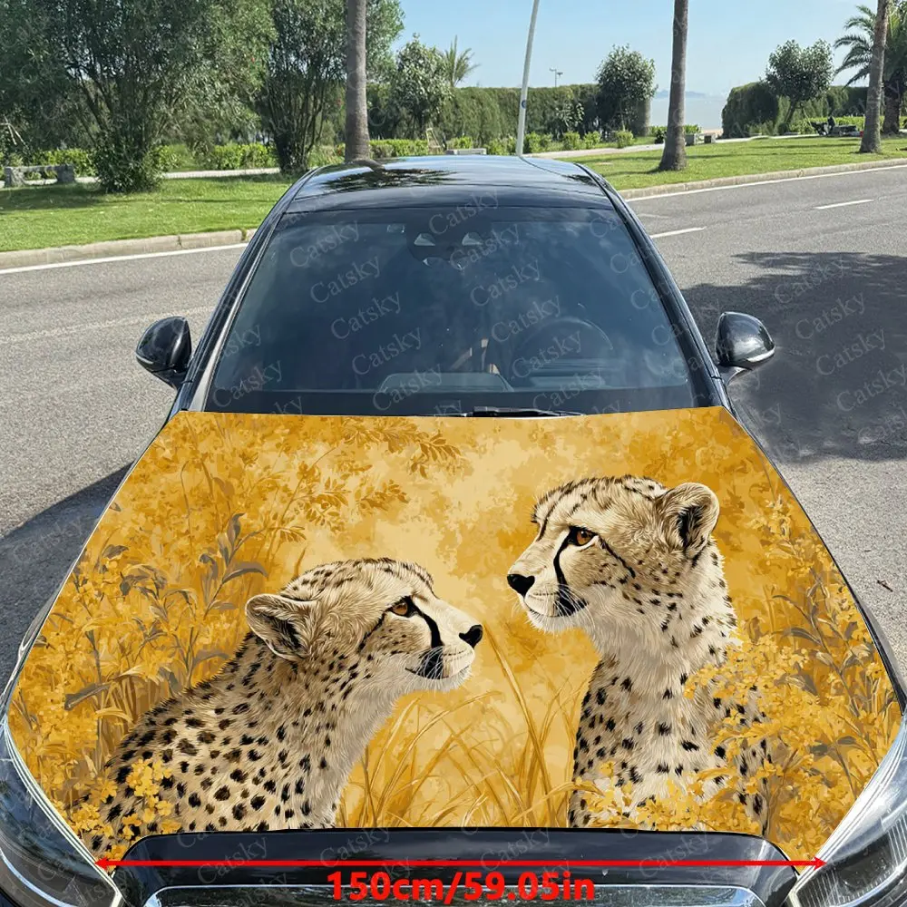 Car Decal Cheetahs with Yellow Textural Artistic Fusion Design, Creating a Mysterious and Speedy Visual Car Hood Sticker, Waterp