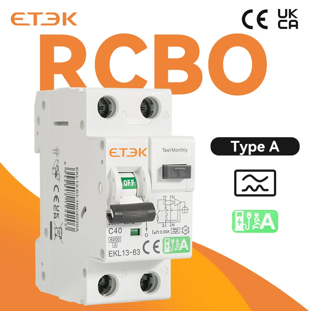 Les staisons de recharge pour véhicules électriques ETEK RCBO sont disponibles 6KA 1P+N 6A-63A 30mA Courbe C Type A EKL13-63