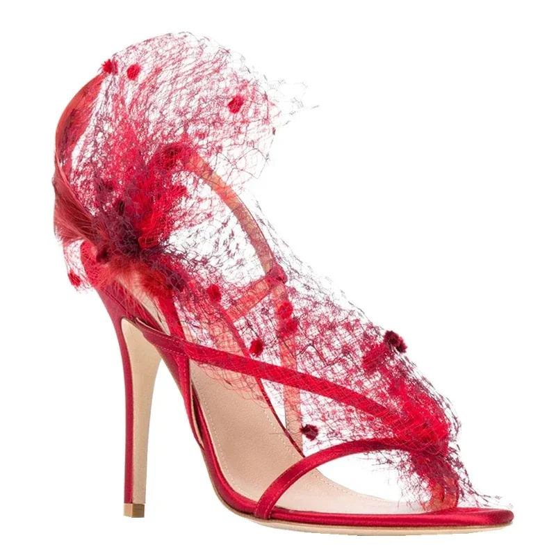 Mesh Feather Banquet High Heels, Women\'s Fine Heels, European and American Summer New Sexy Versatile One line Sandals