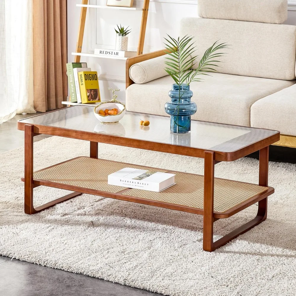 Mid Century Modern Coffee Table with Ribbed Glass Top and PE Rattan Storage Shelf, 45 Inch Rectangular Solid Wood Boho Coffe Tab