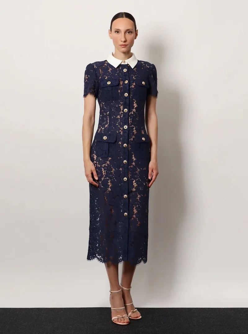 

High Quality Slim Hollow Out Irregular Dresses Spring Women Lapel Single Breasted Long Dress Autumn High Waist Knee Length Dress