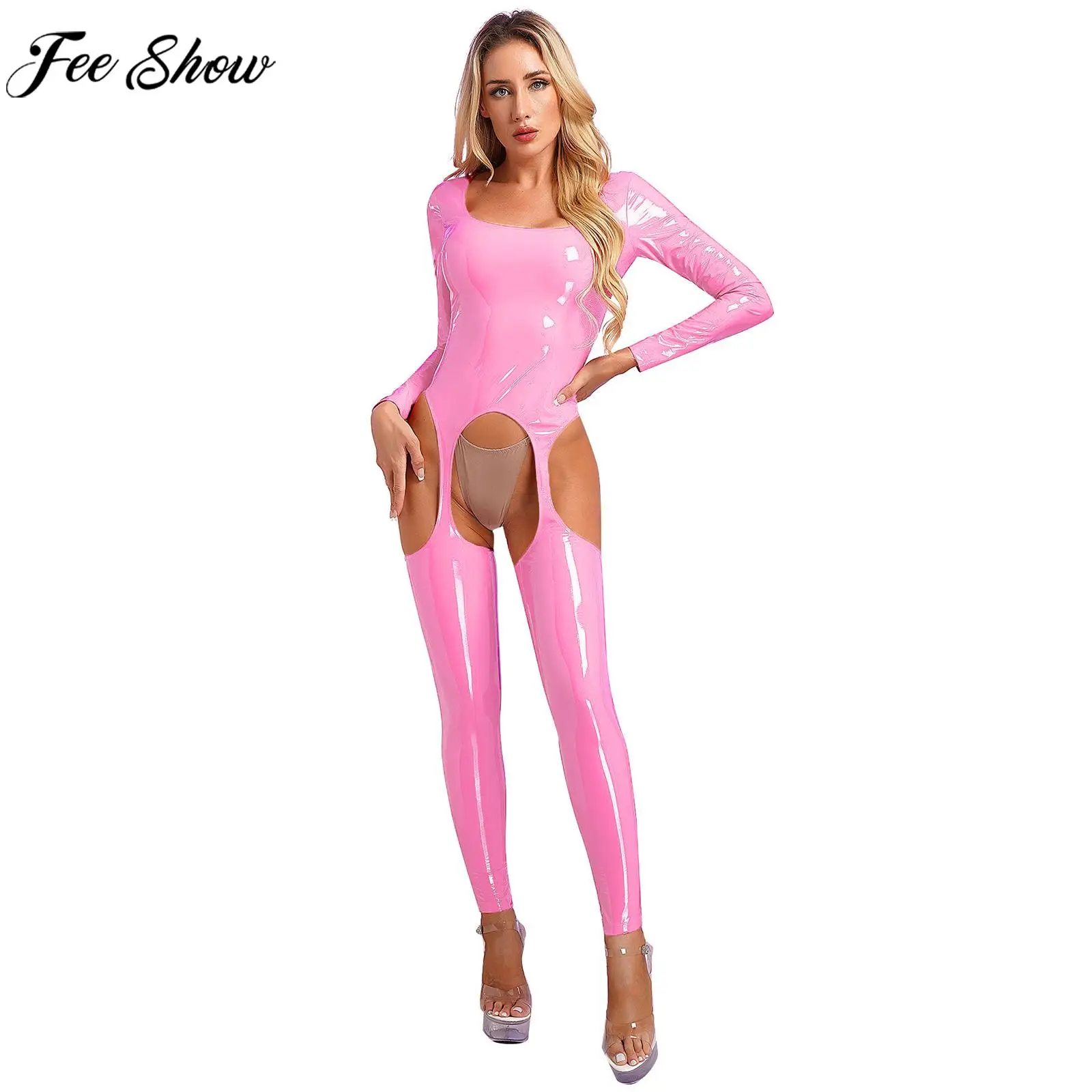 

Women Sexy Crotchless Open Butt Bodysuit Long Sleeve Wet Look Patent Leather Lingerie Skinny Jumpsuit Catsuit Clubwear Nightwear