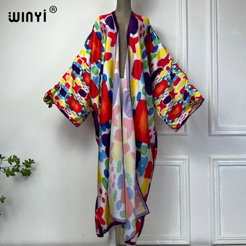 WINYI-Kimono فستان طويل للنساء ، ملابس شاطئ ، تغطية ، سترة أنيقة ، ملابس شاطئ ، معطف مثير ، طباعة صبغة ربطة عنق ، صيف ، جديد