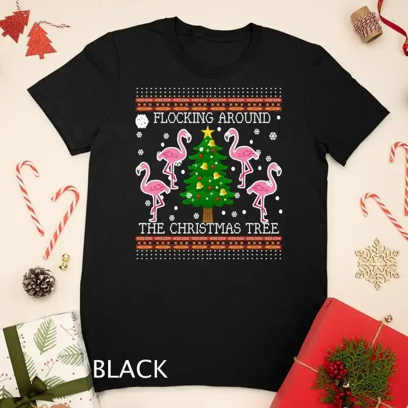 Funny Flamingo Ugly Christmas Tree Snow Sweater Jumper Unisex T shirt