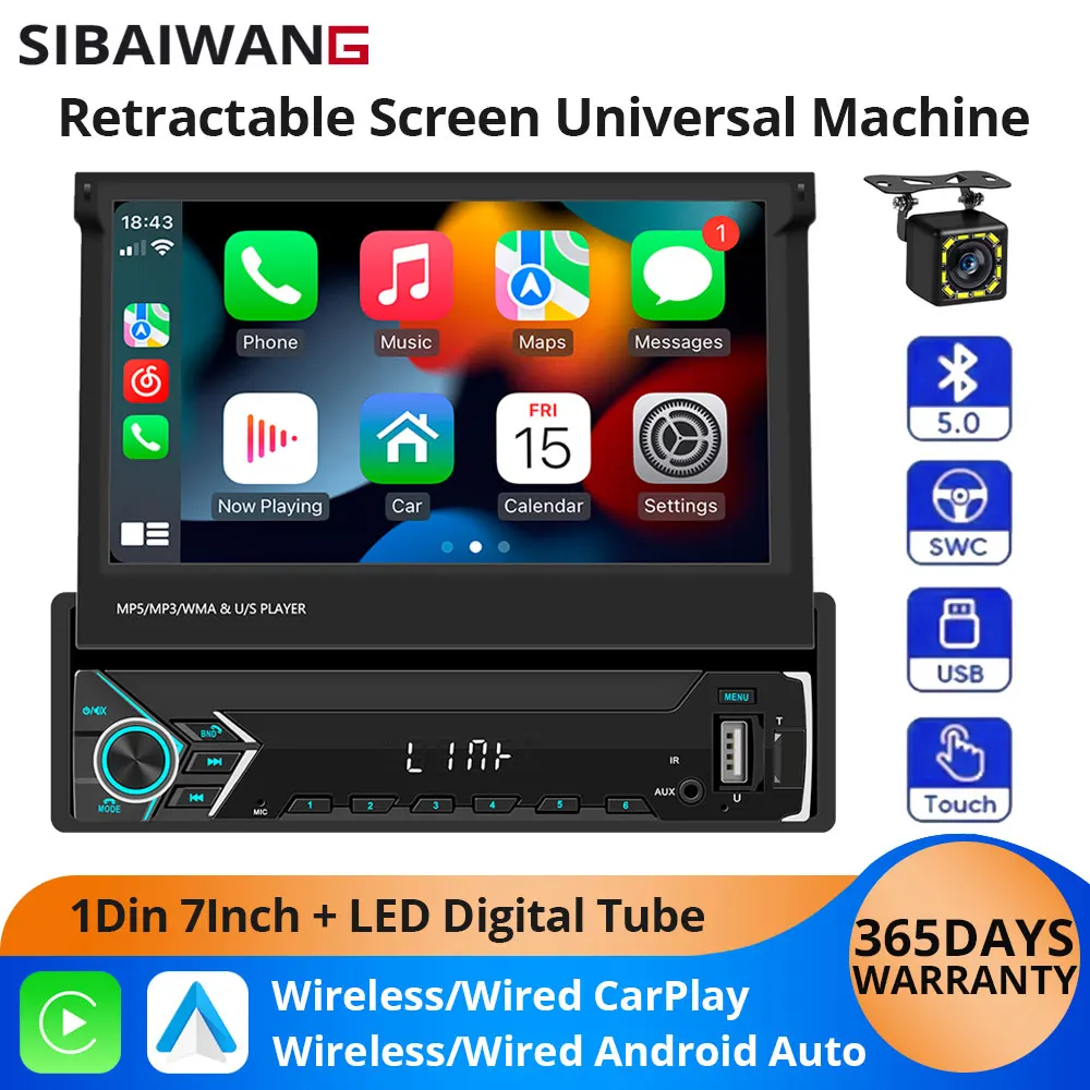 7-inch single Din Telescopic touch screen MP5 Multimedia Player Car FM Radio Wireless Carplay Android Auto USB Bluetooth RDS AM