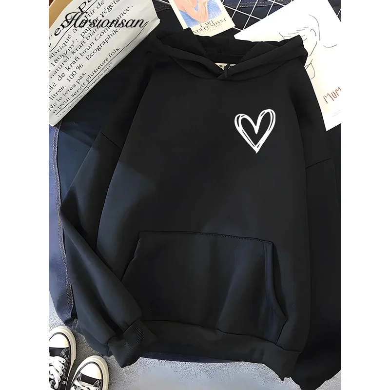 Hirsionsan Simplic Heart Print Women Sweatshirt Soft Casual Loose Vintage Female Hoodies 2024 Winter Warm Fleece Student Tops