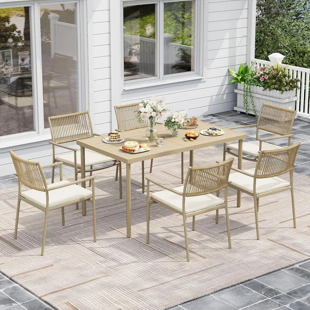 

7-Piece Outdoor Dining Set with Large Steel Table, Wicker Chairs, and Umbrella Hole, Beige Metal Finish